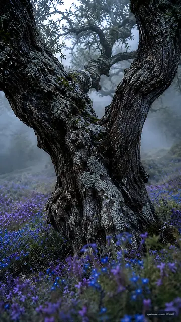 Old tree with twisted bark in a misty forest scene