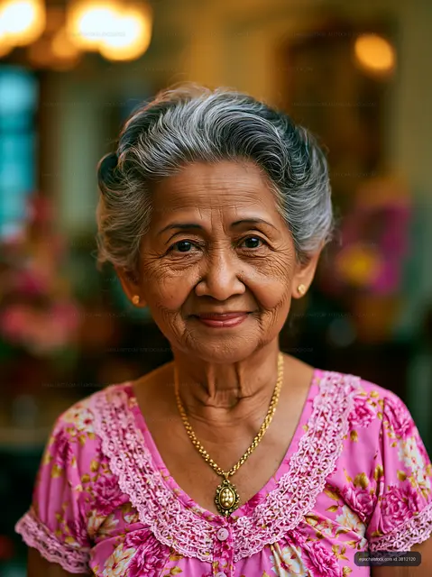 Elderly woman smiling in a floral dress indoors