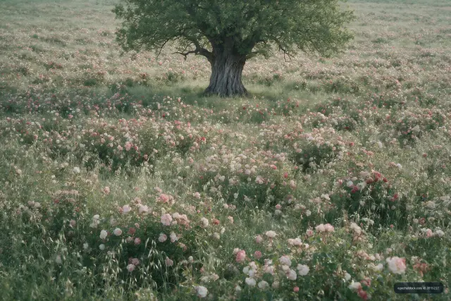 Tree in a field of blooming flowers during daylight