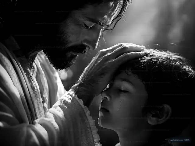 A man and child share a spiritual moment in black and white