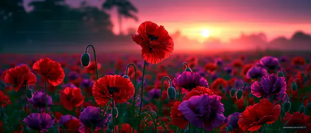 Vibrant field of poppies at sunrise with a colorful sky