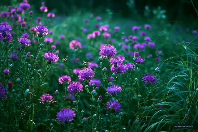 Vibrant purple flowers blooming in a green field at dusk