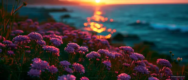 Flowers bloom near the ocean at sunset