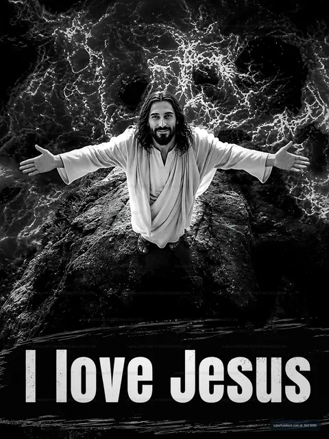 Jesus figure with arms open wide on rocky surface