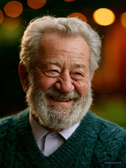 Senior man with beard smiling outdoors in evening lights