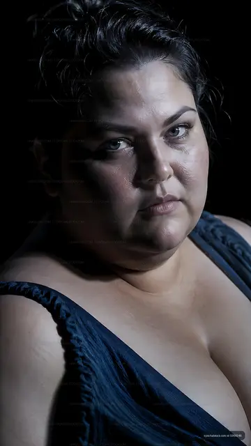 Woman with dark hair poses against a black background