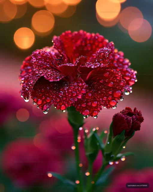 Red flower covered in water drops with blurred lights in background