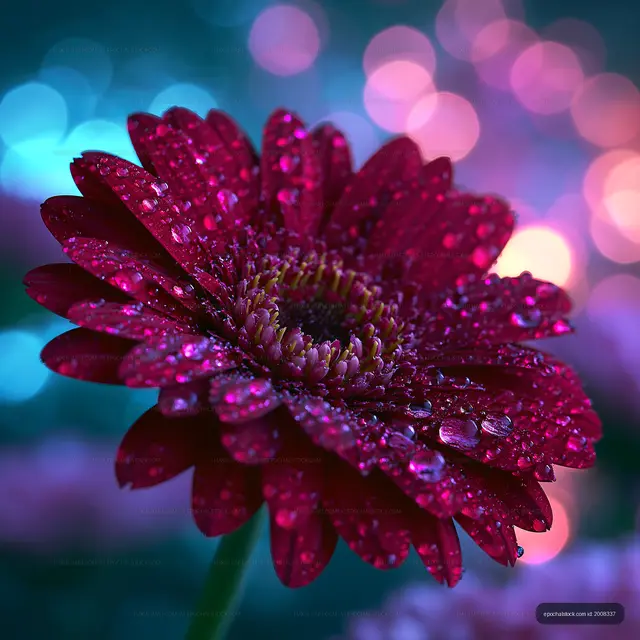 Close-up view of a red flower with water droplets in soft light