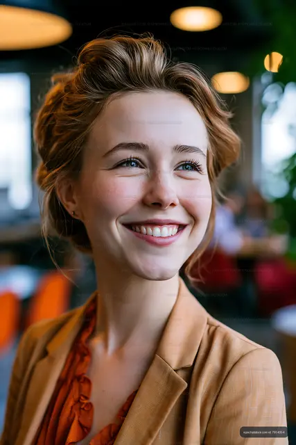 Young woman smiling in a modern cafe setting