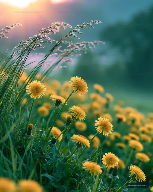 Bright dandelions growing in a field during sunset