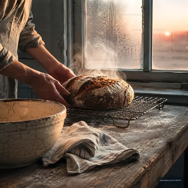 Baker pulling fresh bread from the oven at sunset