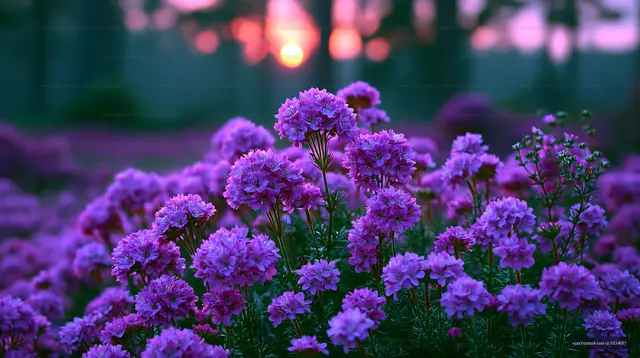 Purple flowers bloom at sunset with trees in the background