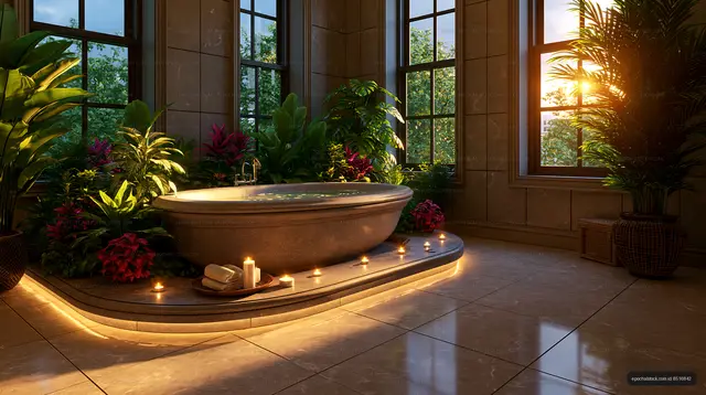 Modern bathroom with bathtub and plants at sunset