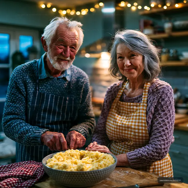 Elderly couple cooking together in a cozy kitchen