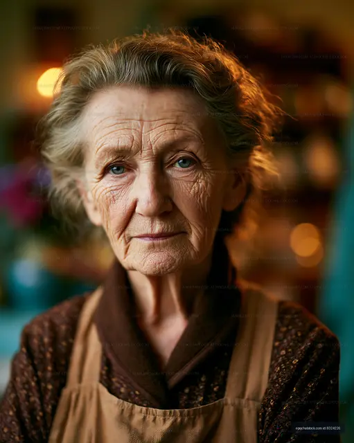 Elderly woman with thoughtful expression in cozy interior space