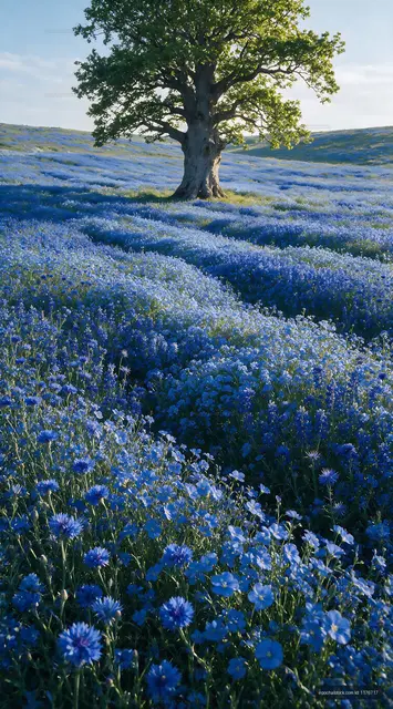 Blue flower field with a single tree under clear sky