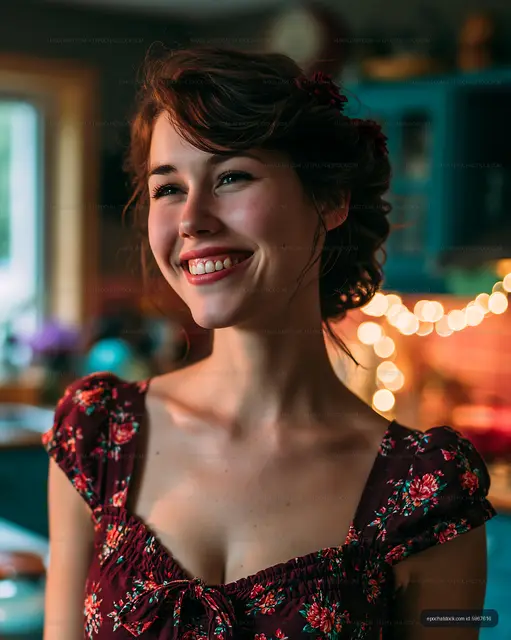 Smiling woman in floral dress in a cozy kitchen setting