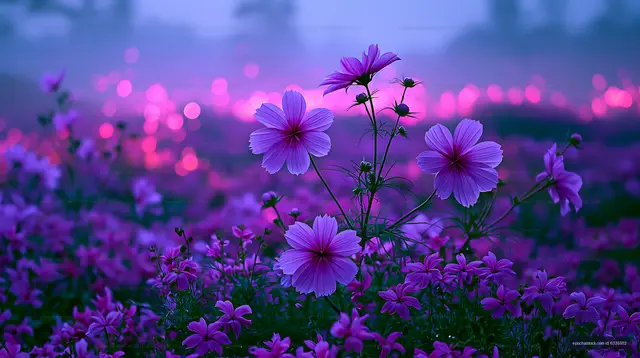 Purple flowers in a field at dusk with soft light