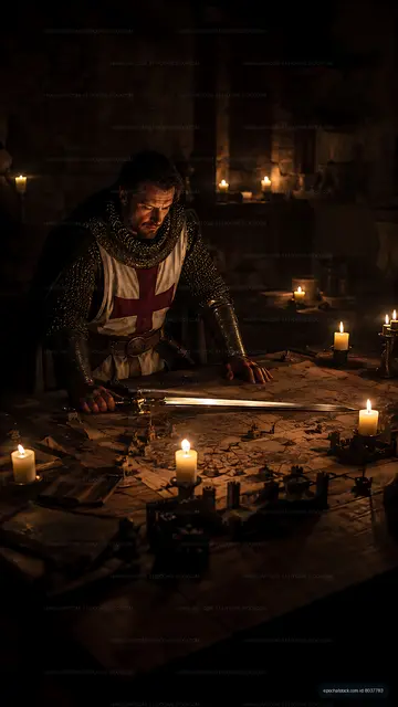 Knight studying a map in a candlelit room