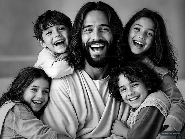 Smiling man embraces children in playful moment together