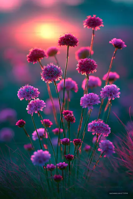 Colorful flowers bloom in a field at sunset