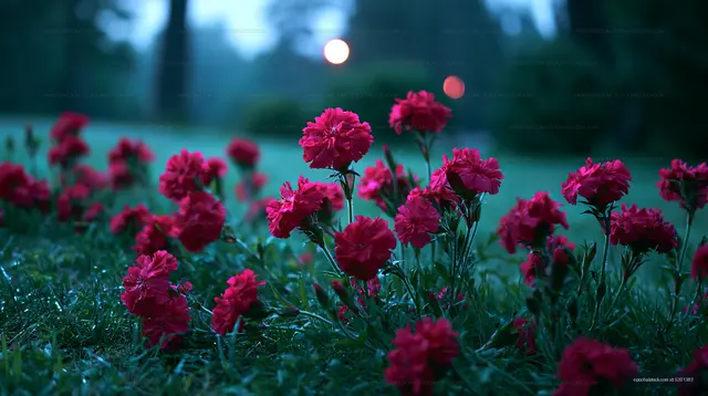 Red flowers growing in a garden during early morning light
