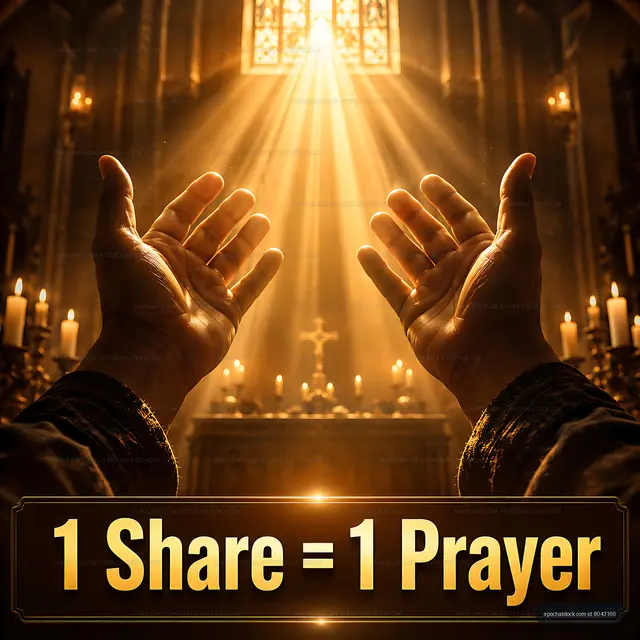 Hands raised in prayer with light shining in a church