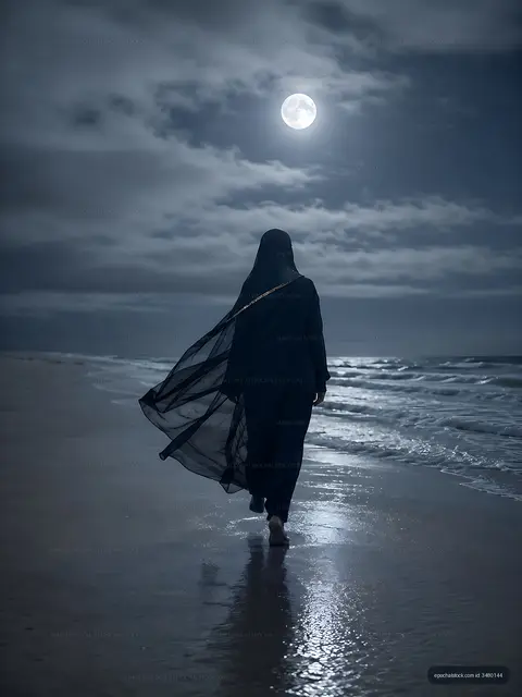 Person walking on the beach at night under the moonlight
