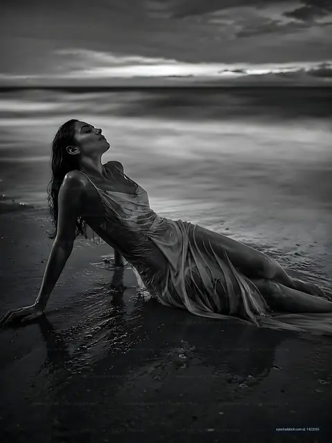 Woman in flowing dress relaxes on beach during sunset