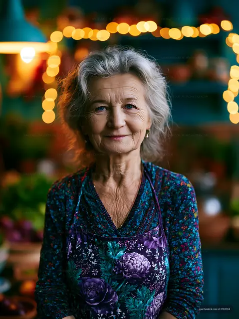 Elderly woman in apron smiles in kitchen with festive lights