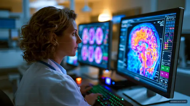 Woman analyzing brain scans on computer screens in a lab