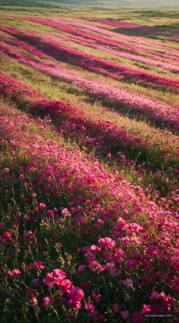 Vast field of pink flowers under sunlight in a rural area