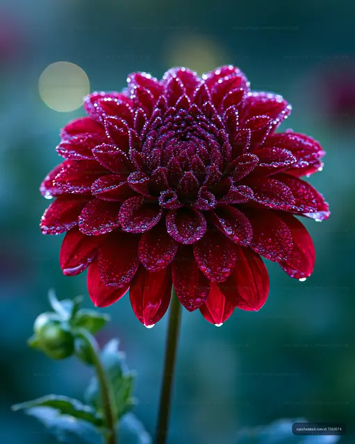 Close-up of a red flower with dew drops in a garden