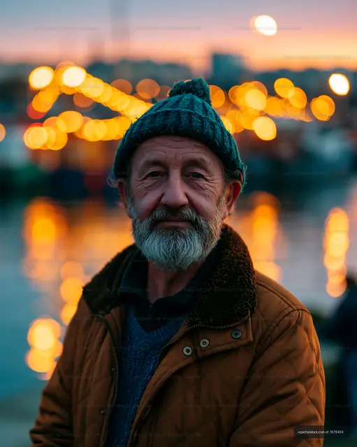 Elderly man standing by waterfront at sunset with lights in background