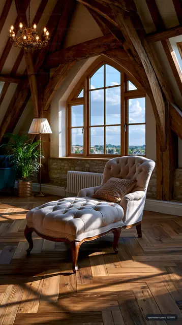 Cozy room with a chair and a view of the sky
