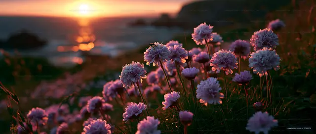 Flowers in foreground during sunset at the ocean