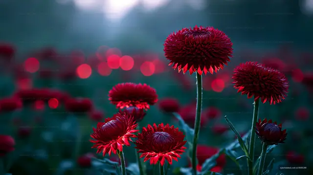 Red flowers blooming in a field during twilight hours