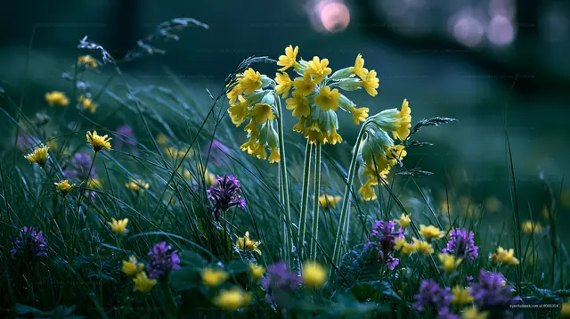 Yellow flowers in a field during twilight hours