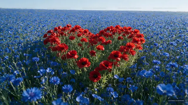 Heart shape made of red flowers in blue flower field