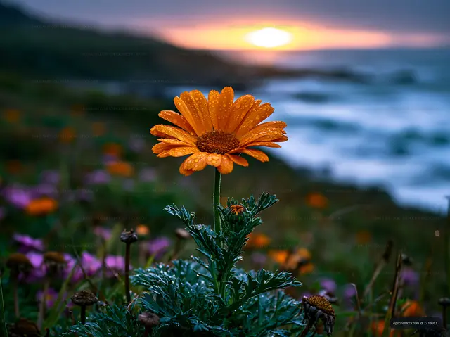 Orange flower in a grassy field during sunset by the ocean