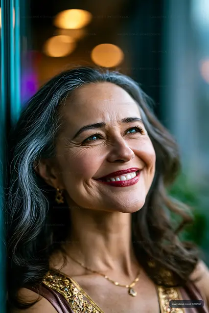Woman smiling near a window with soft light in a cafe