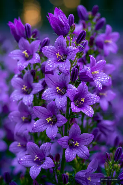 Vibrant purple flowers with water droplets in a garden setting