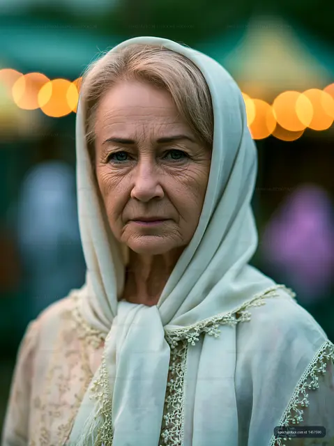 Older woman in headscarf at outdoor event with lights in background