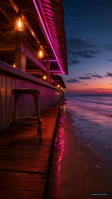 Colorful beach bar with lights at sunset by the water