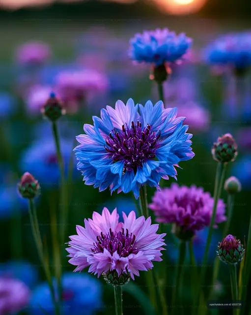 Colorful flowers in a field during sunset