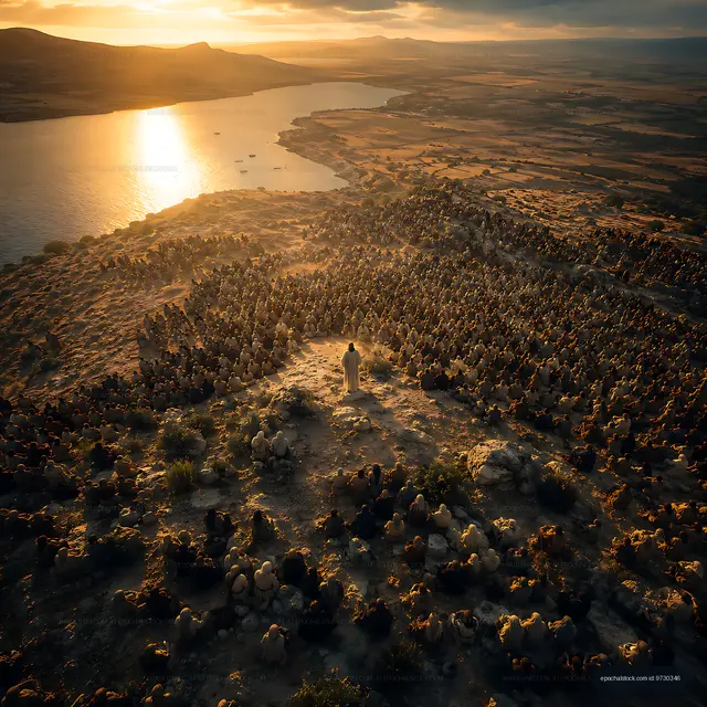 Person standing on a hill overlooking a lake at sunset