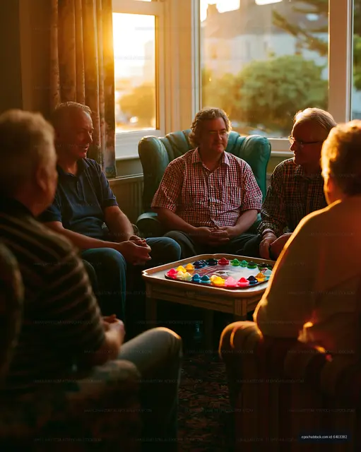 Group of friends playing board games at sunset indoors