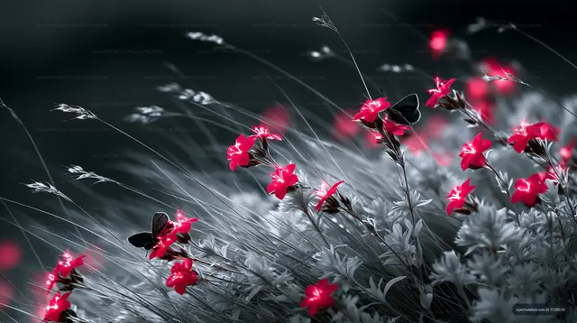 Colorful flowers and butterflies in a black and white garden scene