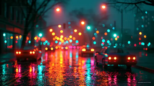 Night street scene with cars reflecting in wet pavement