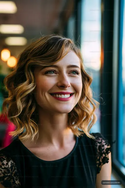 Woman smiling near window with warm light in a cafe